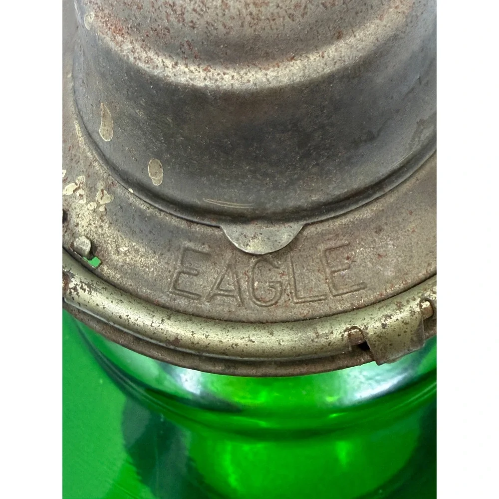 VTG Green Glass Oil Kerosene Lamp Milk Glass Hobnail Shade Danbury CT NO CHIMNEY